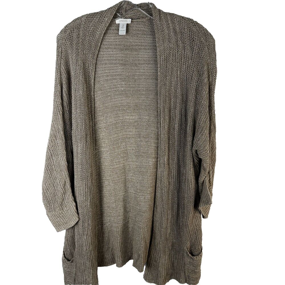 Chicos XL Linen Blend Women Open Front Cardigan 3/4 Sleeve Knit Normcore Pocket